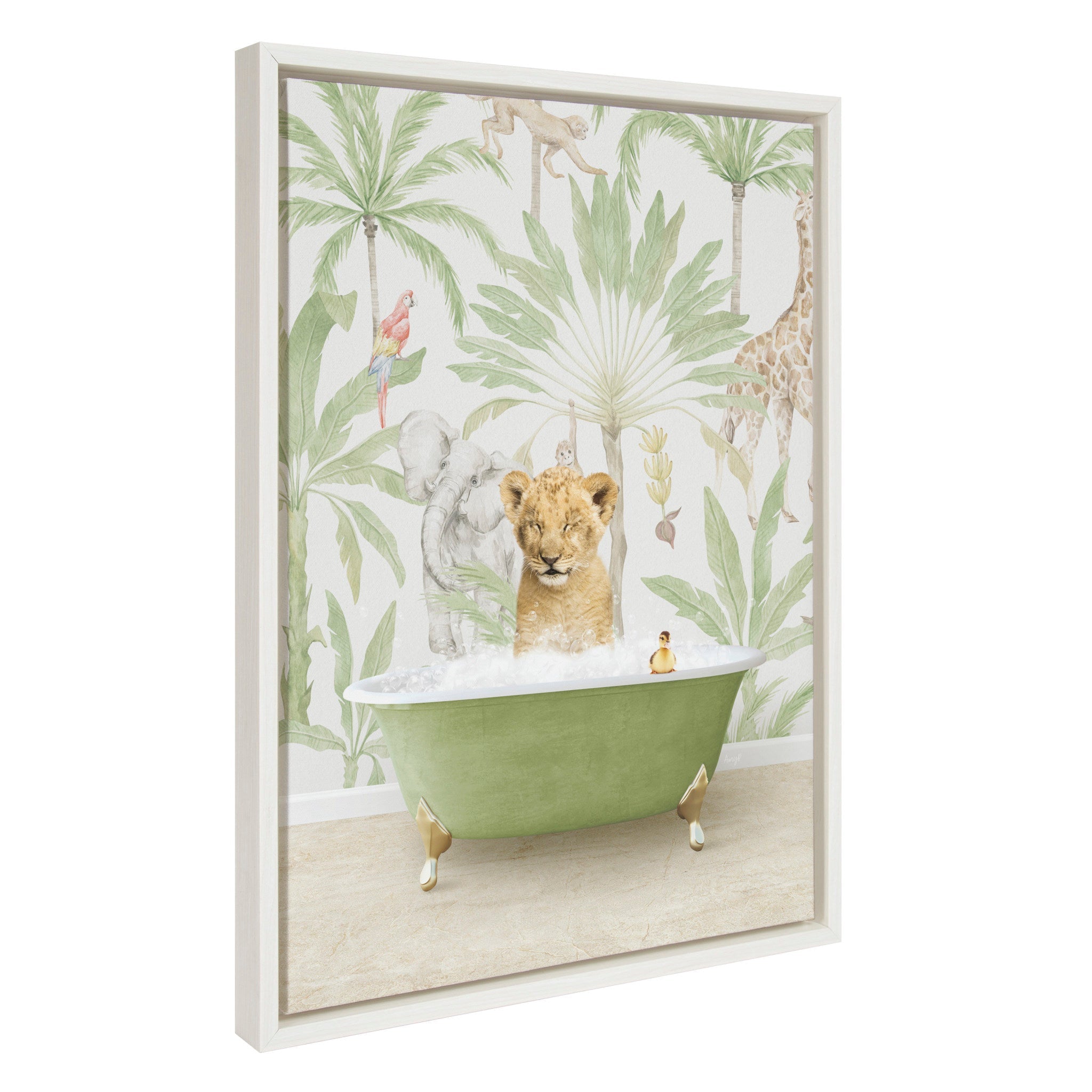 Framed floating canvas art depicting a lion cub in a wild safari bath with neutral tones and white frame