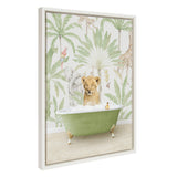 Framed artwork depicting a lion cub bathing in a green clawfoot tub filled with bubbles, surrounded by pastel green palm leaves, a giraffe, and a parrot in the background.