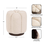 Round ivory tufted ottoman with scalloped design and textured fabric on a dark mocha wood base, shown with size dimensions and zoomed detail insets.