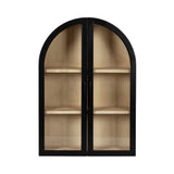 Wall cabinet with arched black frame and two clear doors enclosing six beige shelves, shown frontally against a white background.