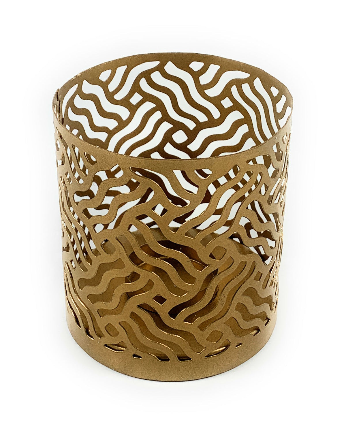 Cylindrical golden votive candle holder with an abstract wavy cutout pattern around its surface, shown against a white background.