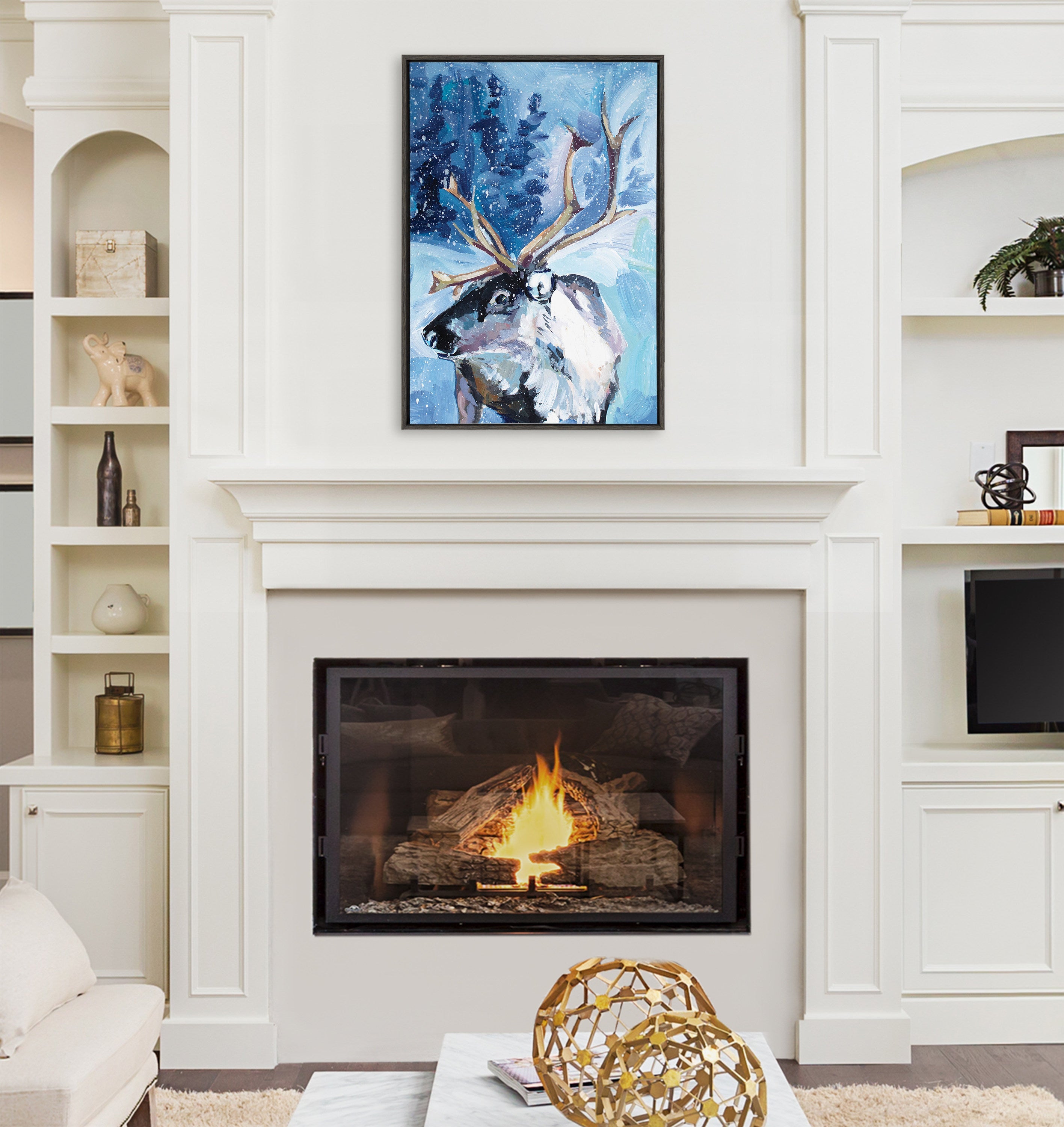 Sylvie Reindeer In Snow Framed Canvas by Rachel Christopoulos