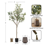 Six-foot tall faux eucalyptus tree with green round leaves, placed in a black planter, shown alongside a metallic outer planter and assembly detail, including moss and connecting parts.