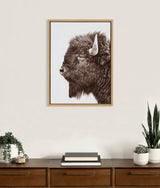 Framed side profile illustration of a brown bison with textured fur and a prominent white horn, hanging on a beige wall above a wooden sideboard with plants and books.