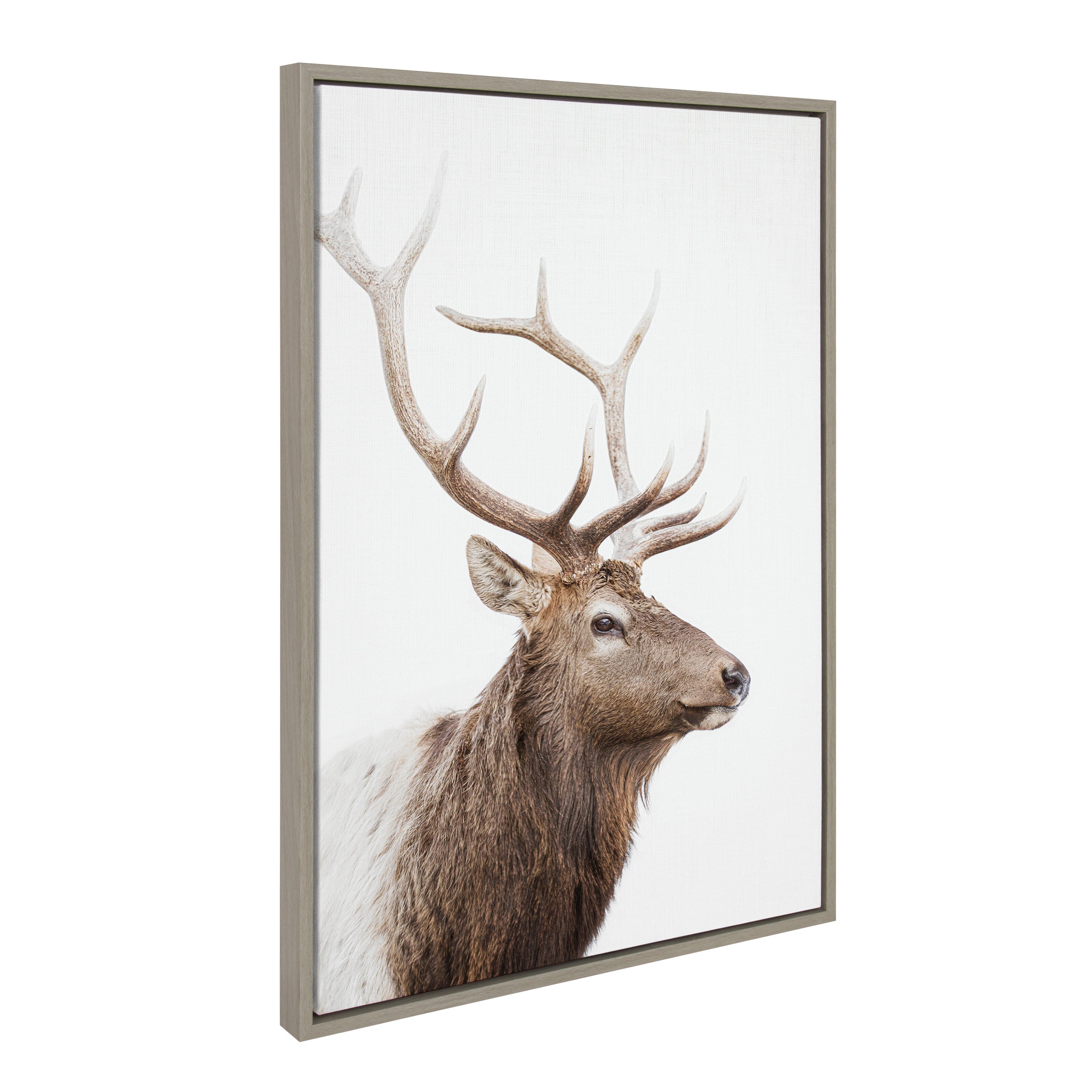 Sylvie Stag Profile framed canvas art showing a minimalist stag profile in black on white background with natural wood floating frame