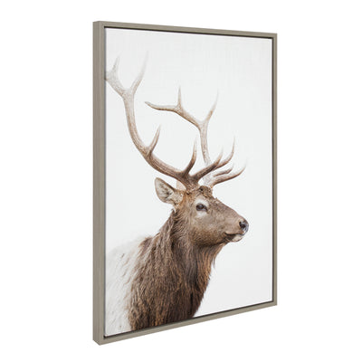 Sylvie Stag Profile framed canvas art showing a minimalist stag profile in black on white background with natural wood floating frame