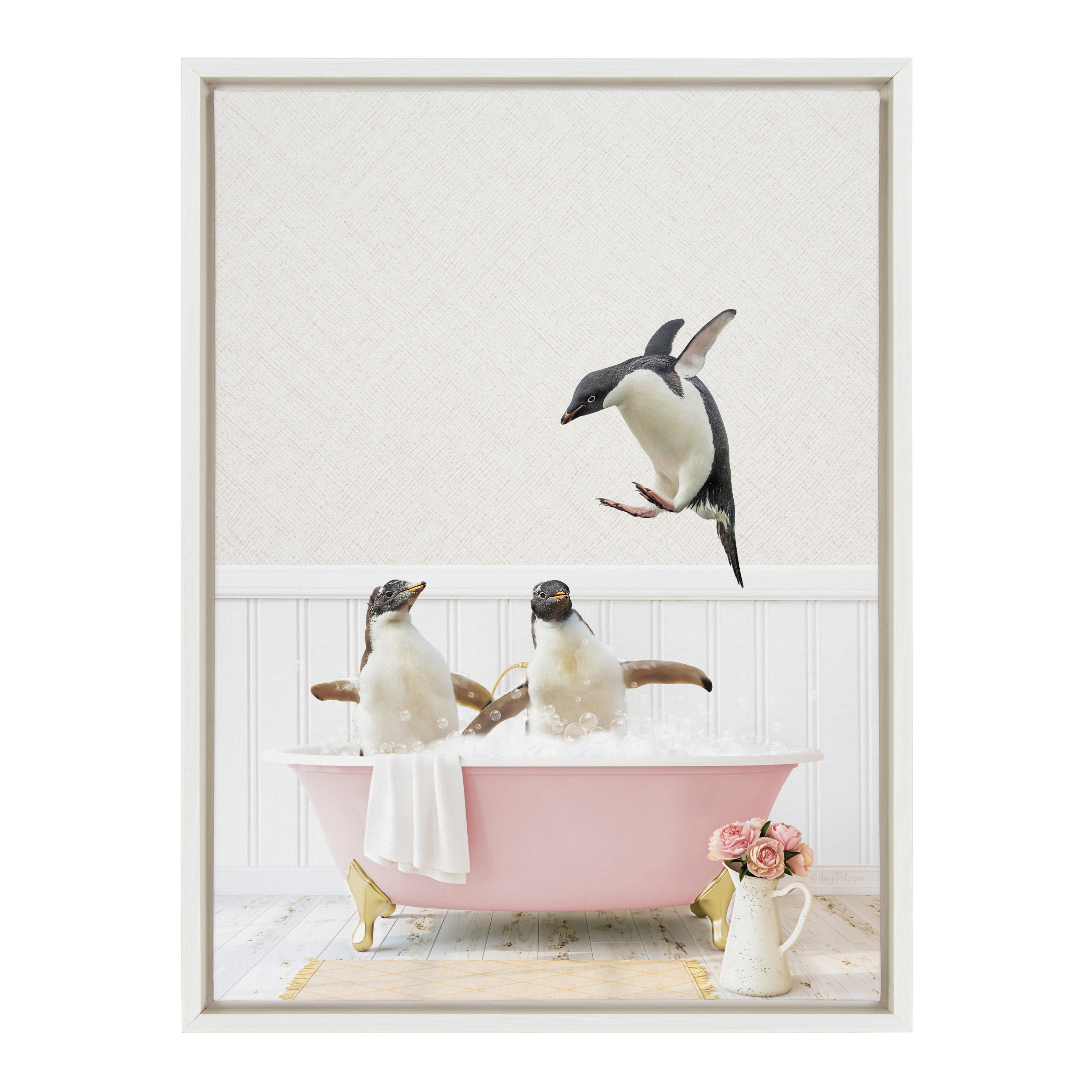 Sylvie Penguins Playing in Cottage Rose Bath Framed Canvas by kateandlaurel - product image 8 for Resin Society
