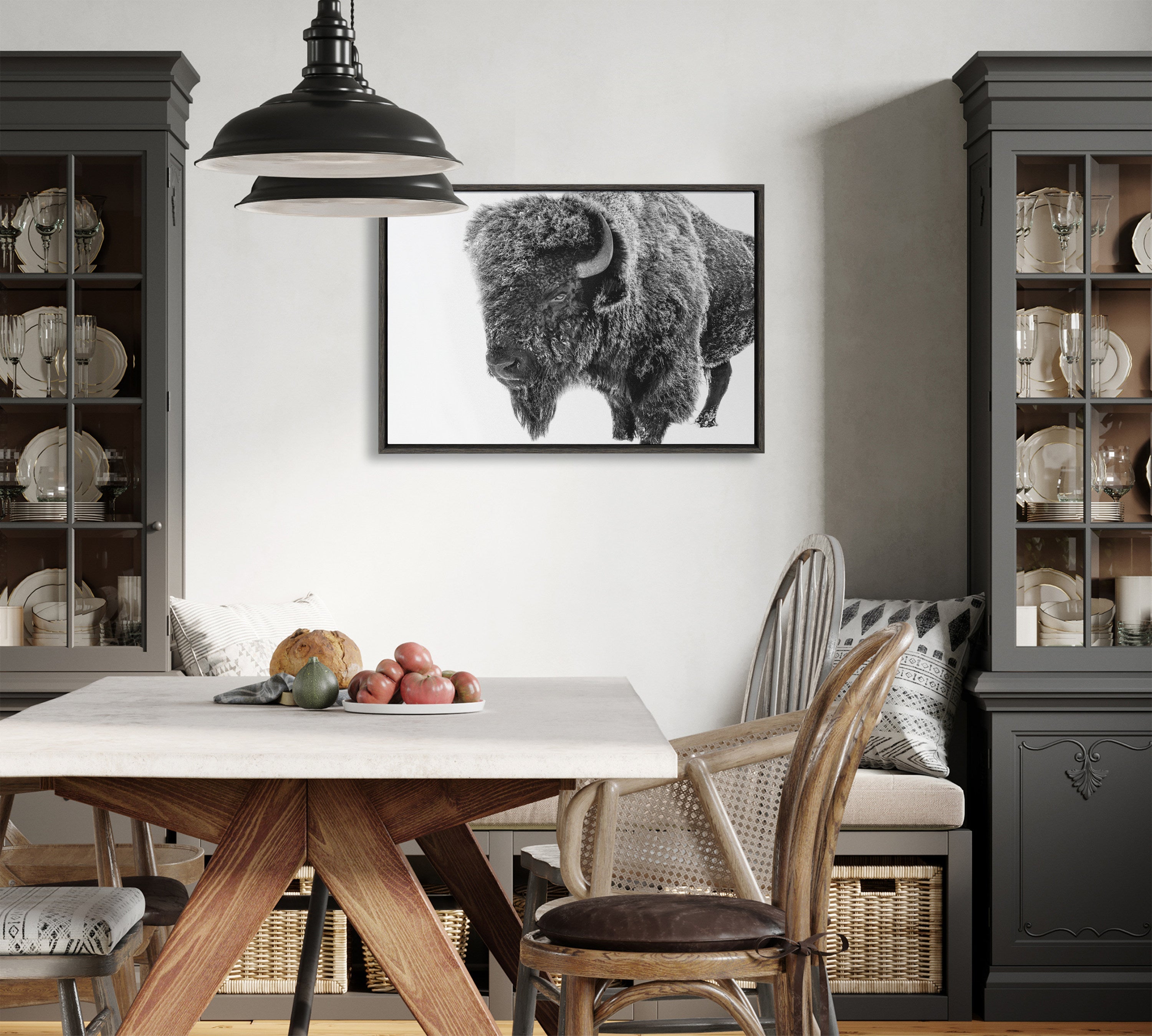 Sylvie Bison in Snow Black and White Framed Canvas by Amy Peterson Art Studio