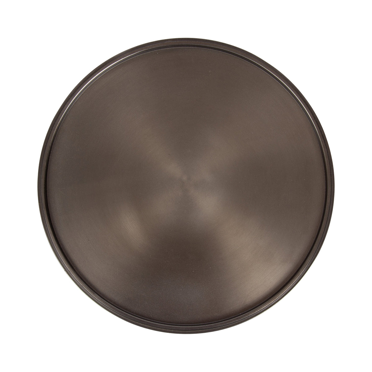 Round dark bronze metal table or plant stand top with a subtle brushed finish and slightly raised edge