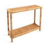 Rafina Rattan Console Table with woven rattan tiers and wrapped rattan legs in a natural finish