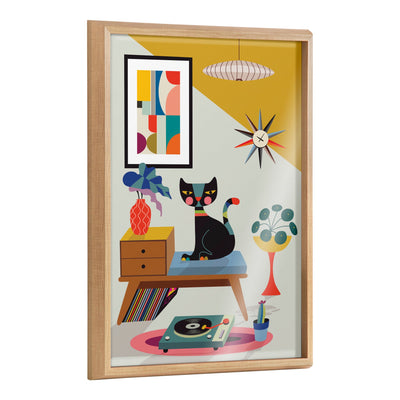 Blake Record Player framed printed art by Rachel Lee showing a colorful mid-century design with animals