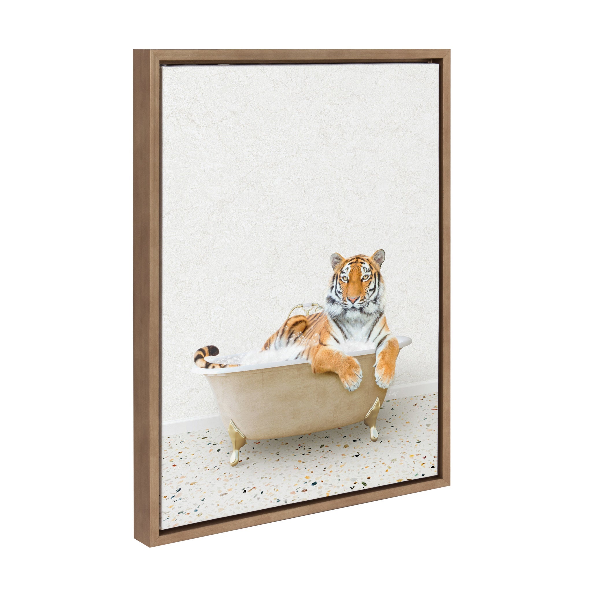 Framed canvas print showing a playful tiger in a terrazzo-style bath with gold frame