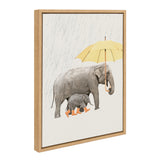 Sylvie Under the Rain framed canvas art depicting elephants in the rain with a natural light wooden frame