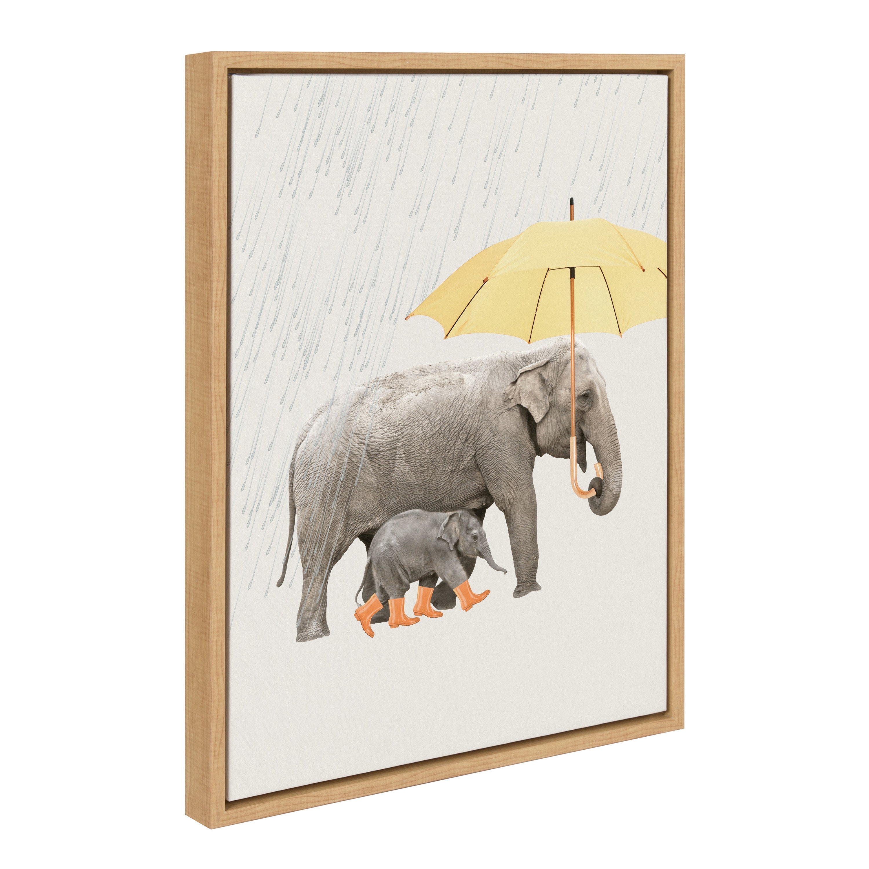 Sylvie Under the Rain framed canvas art depicting elephants in the rain with a natural light wooden frame