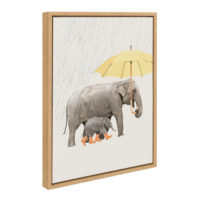Sylvie Under the Rain framed canvas art depicting elephants in the rain with a natural light wooden frame