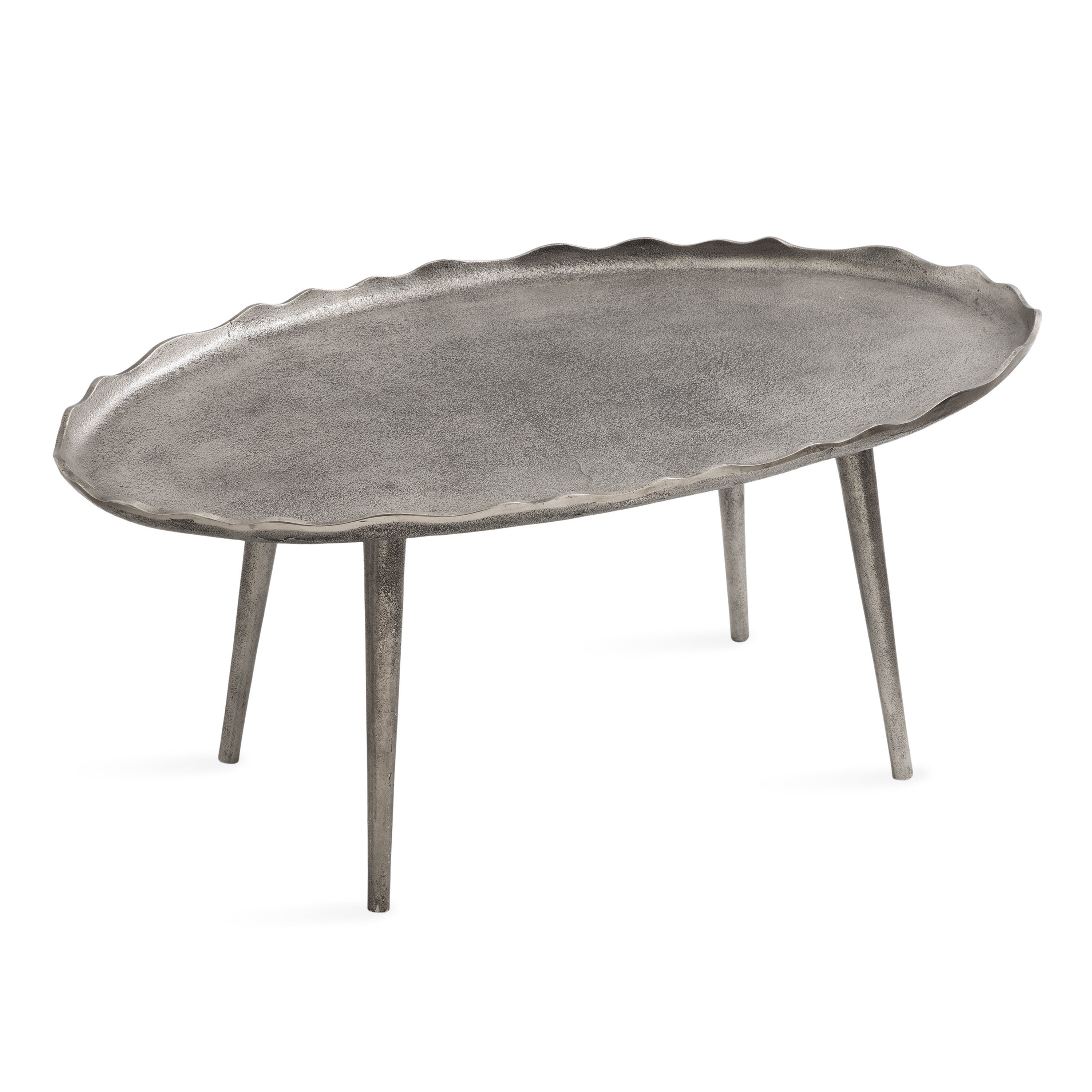 Alessia Oval Coffee Table in bronze finish showing front left angle view with deckled edge