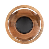 Round wooden candle holder with a circular black metal insert in the center and four vertical wooden supports evenly spaced inside the frame.