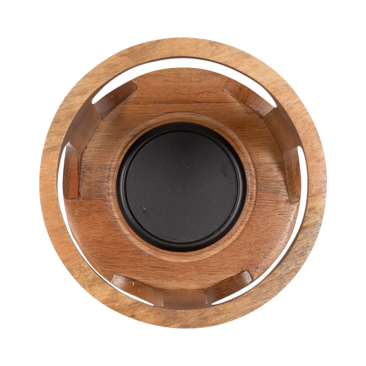 Round wooden candle holder with a circular black metal insert in the center and four vertical wooden supports evenly spaced inside the frame.