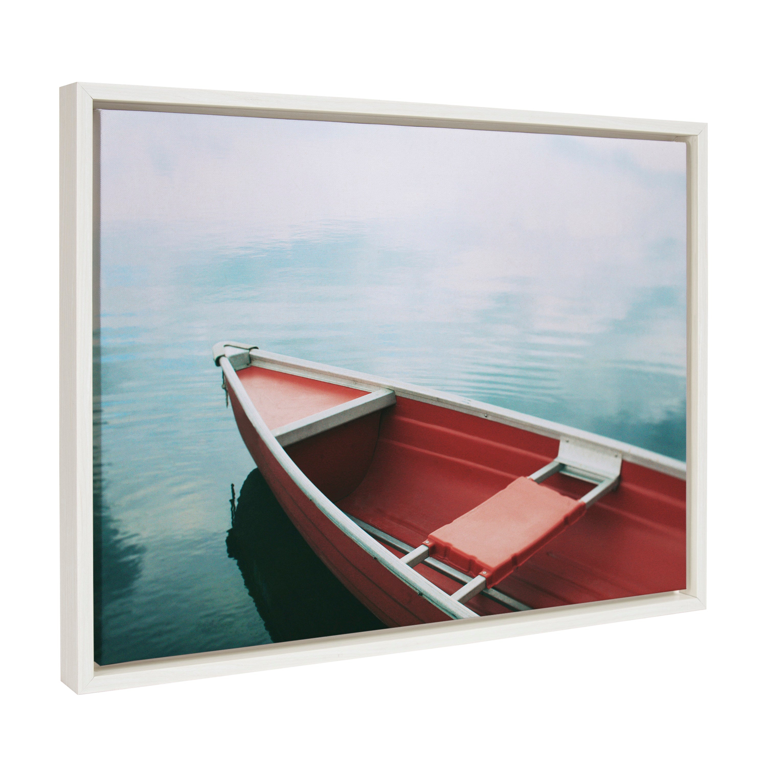 Sylvie Floating in the Sky Framed Canvas featuring a boat on lake water