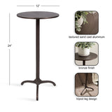 Round bronze-finished side table with textured sand cast aluminum top and slender tripod leg design, measuring 24 inches tall and 12 inches in diameter.