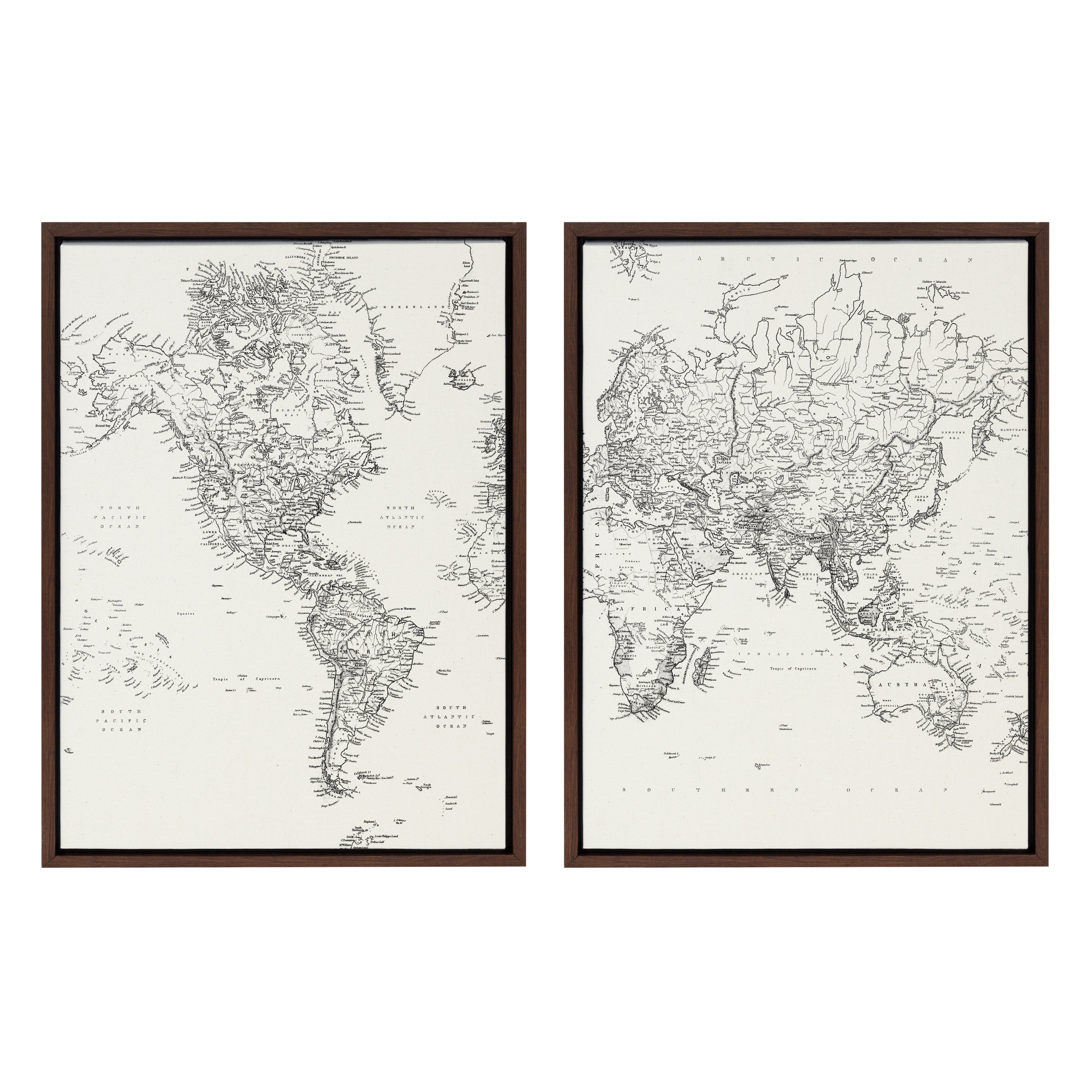 Sylvie Vintage Black and White World Map Framed Canvas Set