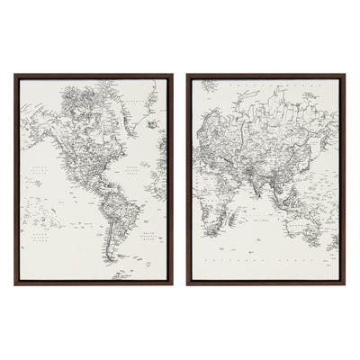 Sylvie Vintage Black and White World Map Framed Canvas Set