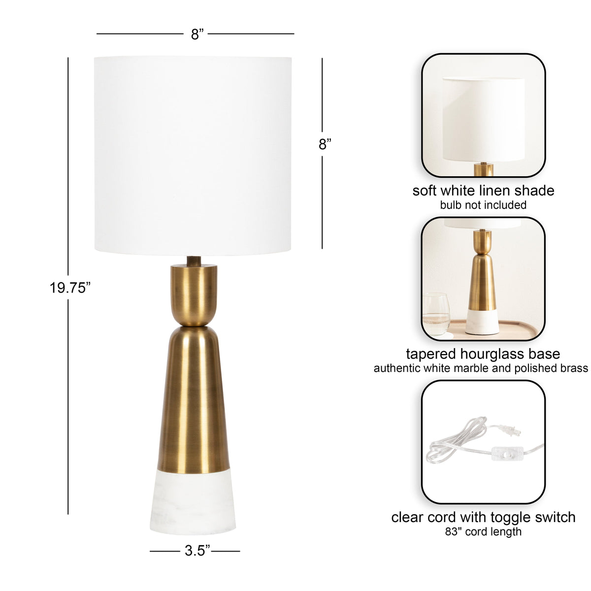 Table lamp with a soft white linen shade and a tapered hourglass base of white marble and polished brass, standing 19.75 inches tall with a clear cord and toggle switch.