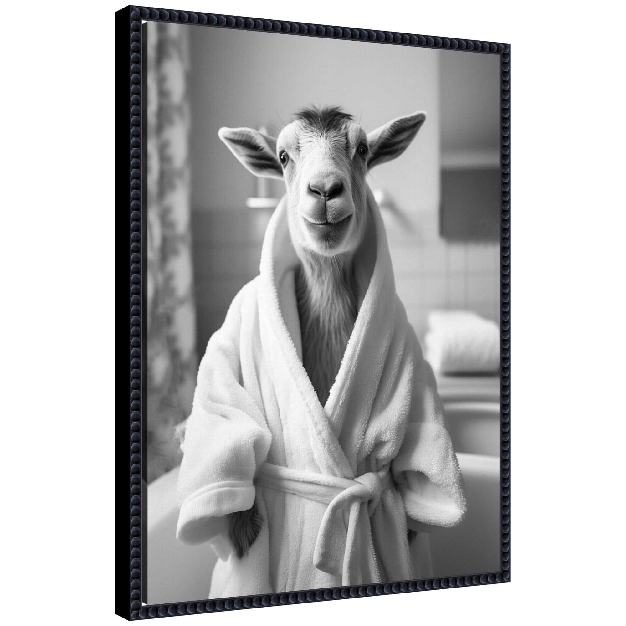 Black and white framed canvas art of Sylvie Goat wearing a towel bathrobe by The Creative Bunch Studio