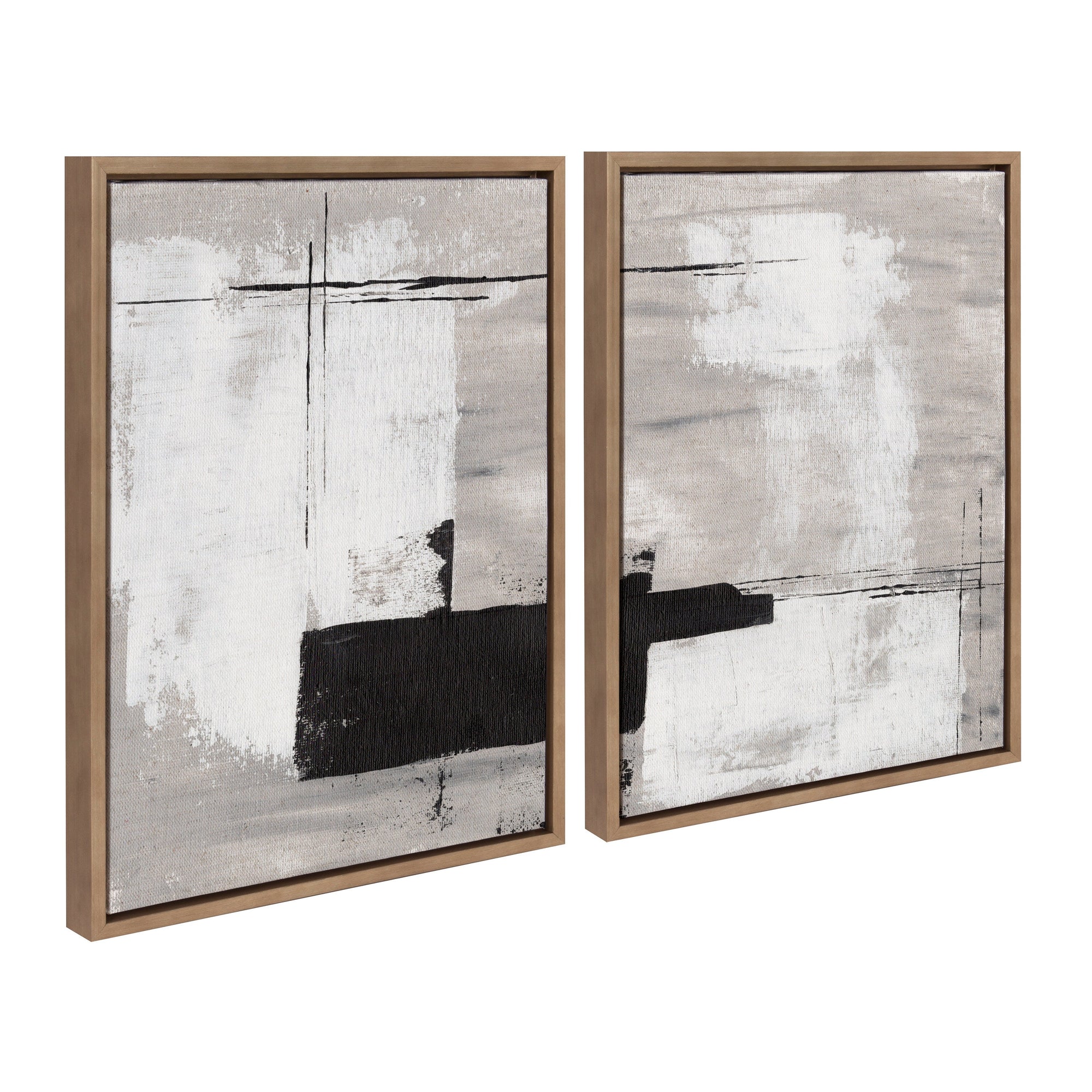 Sylvie Line 1 Left and Right Neutral Linen Framed Canvas Art Set by Nikita Jariwala showing abstract neutral tones in a floating canvas frame