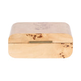 Rectangular light wood box with rounded edges and natural burl wood knots, featuring a slim horizontal metal handle on the front center.