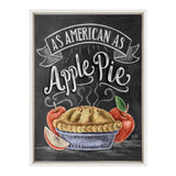 Chalkboard-style illustration of a steaming apple pie in a blue dish, flanked by two red apples and a sliced apple, with 'As American as Apple Pie' in white script above.