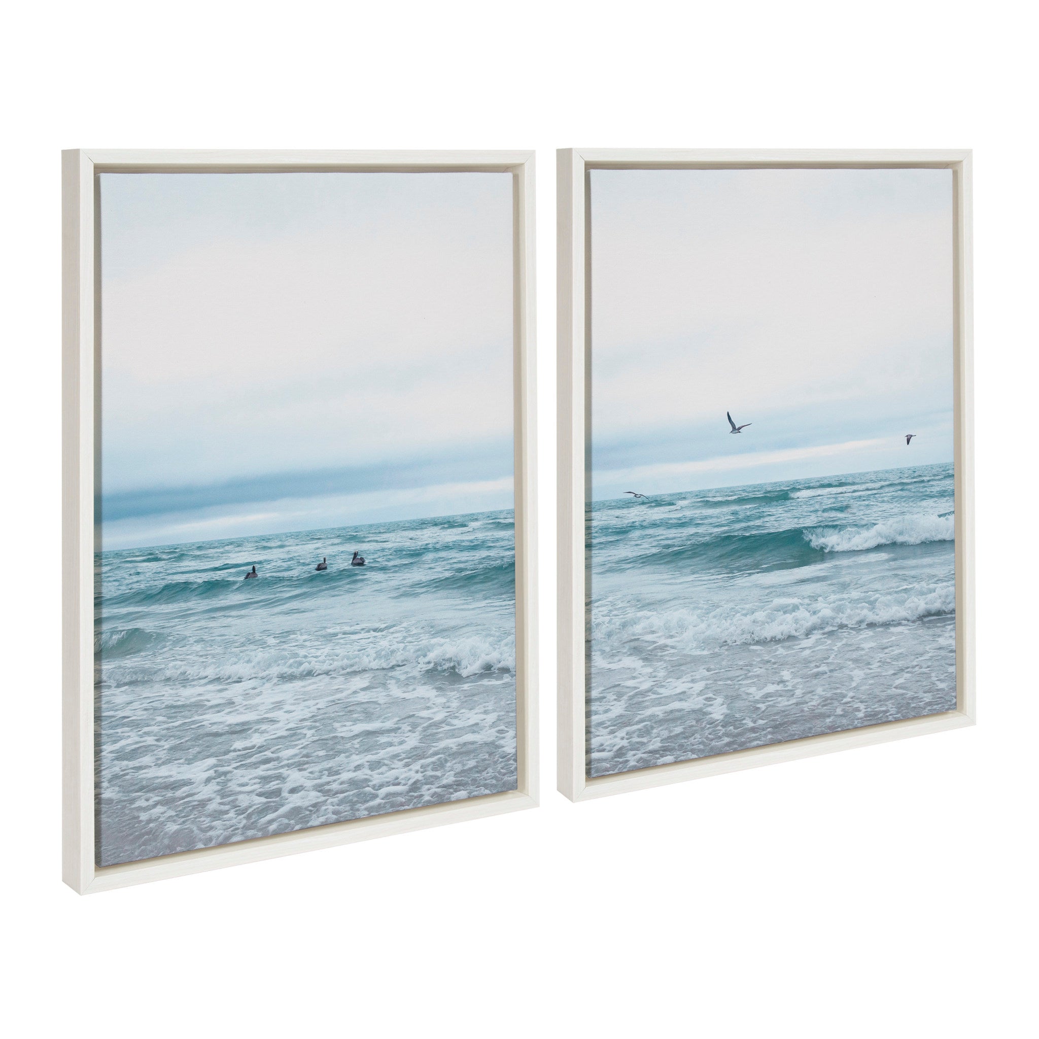 Sylvie Ocean Swim Left and Right framed canvas set showing ocean coastal imagery in floating polystyrene frames