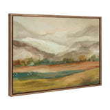 Softly blended muted landscape painting with pale gray mountains, earthy green and brown fields, and a hint of teal water in a simple wood frame.