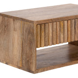 Close-up of a rectangular wooden side table with a smooth top, vertical slatted wood panel on front open storage space, and rounded edges.