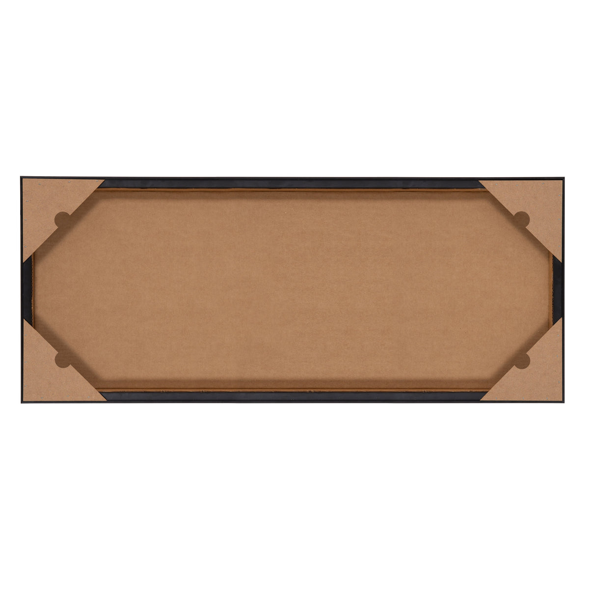Back view of a rectangular framed canvas with protective brown corner covers and black frame edges, showing the plain cardboard backing material.