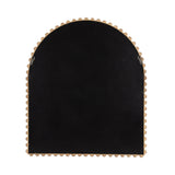 Arched wall mirror with a natural wood frame featuring rounded beads along the edge, shown from the back with two metal hanging hooks.