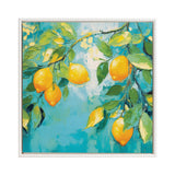 Framed canvas painting of bright yellow lemons hanging on green leafy branches against a vibrant turquoise background with loose brushstrokes.
