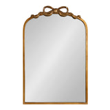 Rectangular arched mirror with a wooden frame and a carved ribbon-shaped bow detail at the top in a warm natural wood tone