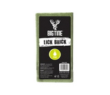 Rectangular green Big Tine Lick Brick with black label featuring a white deer logo, product name, and a yellow pear icon in the center.