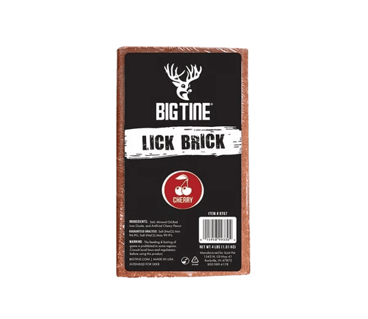 Rectangular cherry-flavored Big Tine Lick Brick with black central label featuring white text and a white deer head logo above a red cherry icon