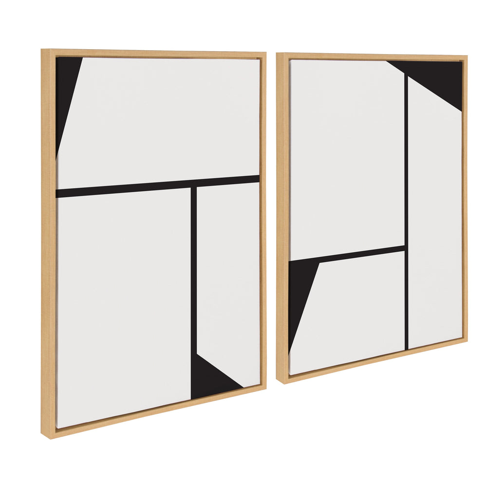 Sylvie Sleek Luxe minimalist black and white abstract framed canvas art set, two pieces, displayed on a wall