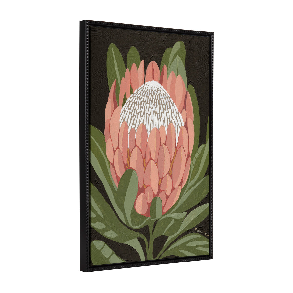 Sylvie Beaded Protea Noire framed canvas art by Mackenzie Nelson showing a bold floral design and vintage beaded black frame