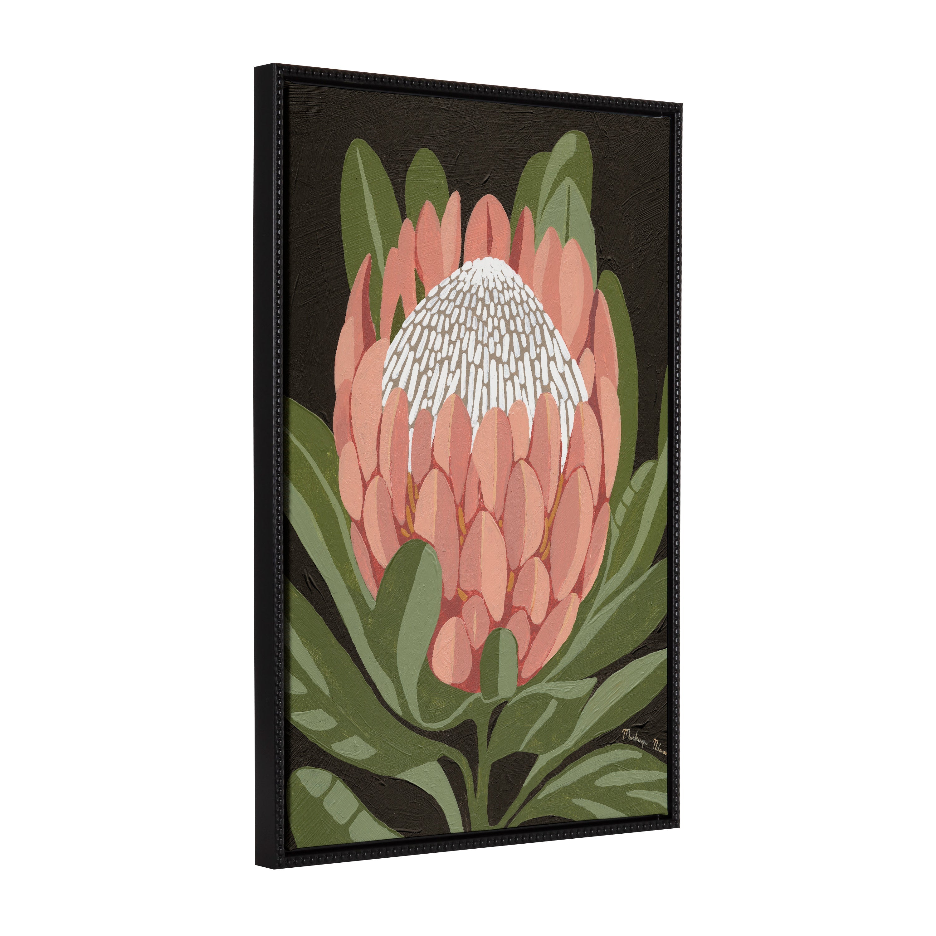 Sylvie Beaded Protea Noire framed canvas art by Mackenzie Nelson showing a bold floral design and vintage beaded black frame