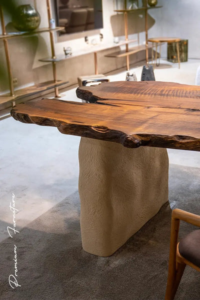 Wabi Sabi style solid walnut wood dining table with stone-inspired legs