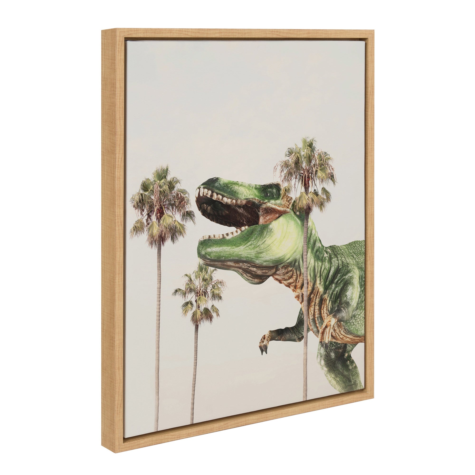 Sylvie Dinosaur Framed Canvas showing a dinosaur beach scene with palm trees in floating frame