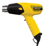 Yellow and black Wagner FURNO 300 heat gun with side vent, ergonomic handle, and metal nozzle, viewed from the side showing the power cord at the bottom.