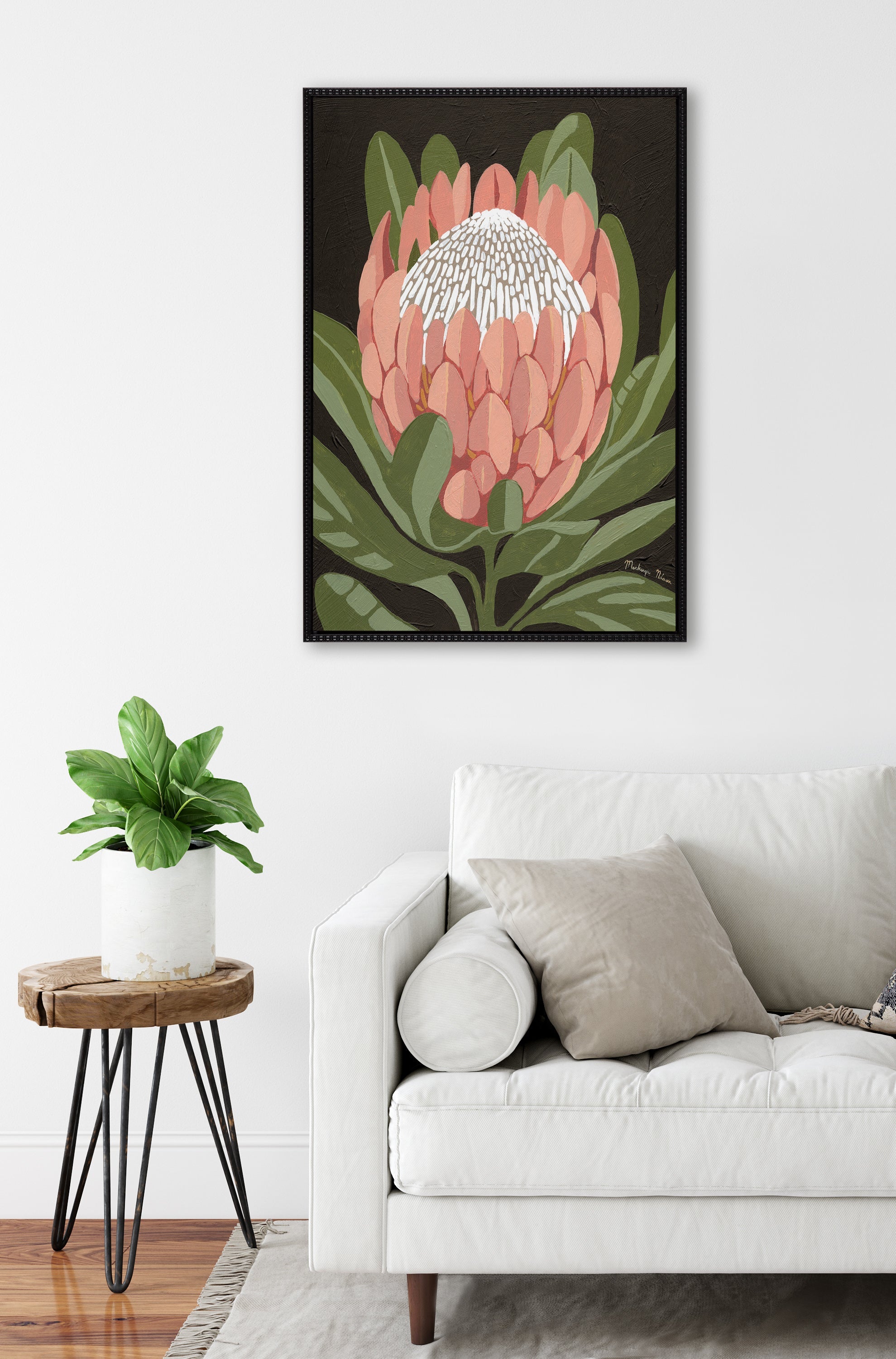 Sylvie Beaded Protea Noire Framed Canvas by Mackenzie Nelson