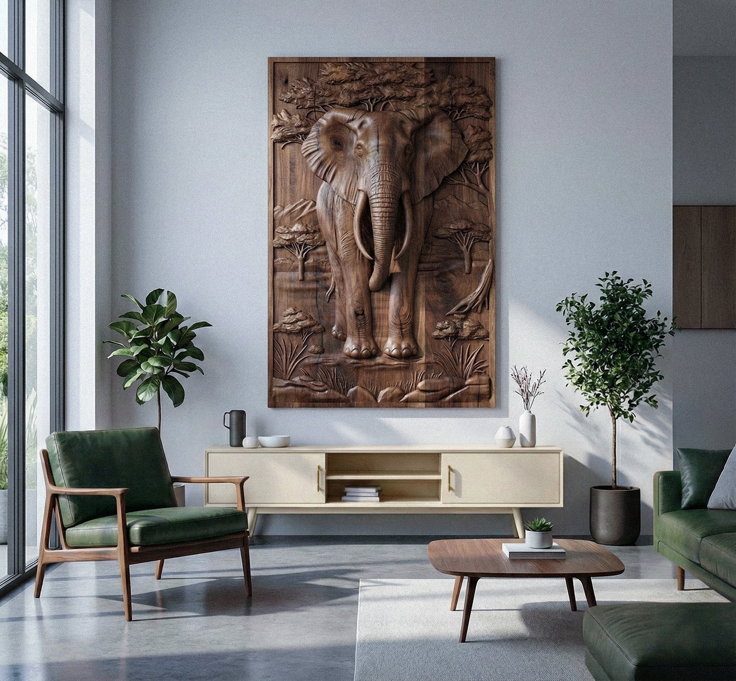 Majestic African Elephant 3D relief wood wall art with gold leaf tusks