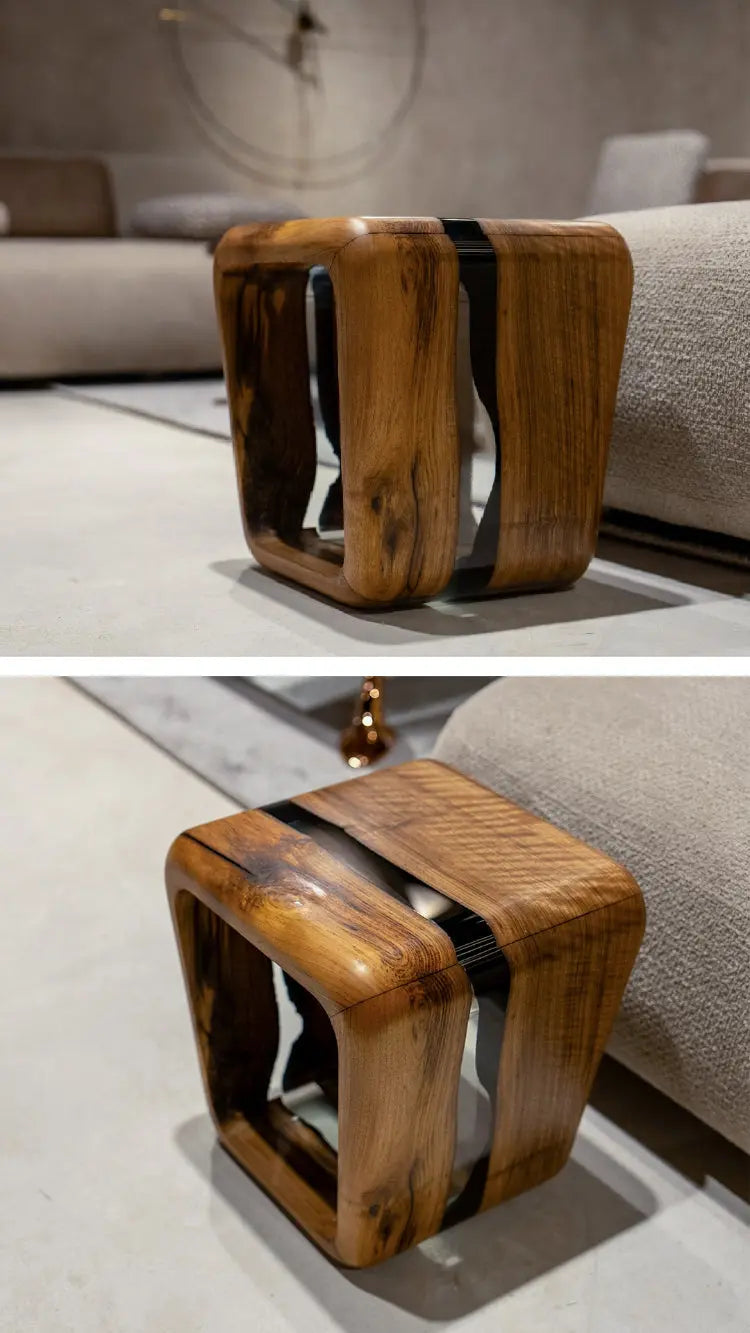 Handcrafted Resin Side Magazine Table Stool made from wood with a modern minimalist design