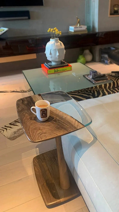 C-shaped luxury resin end table made of solid walnut wood with clear epoxy resin finish